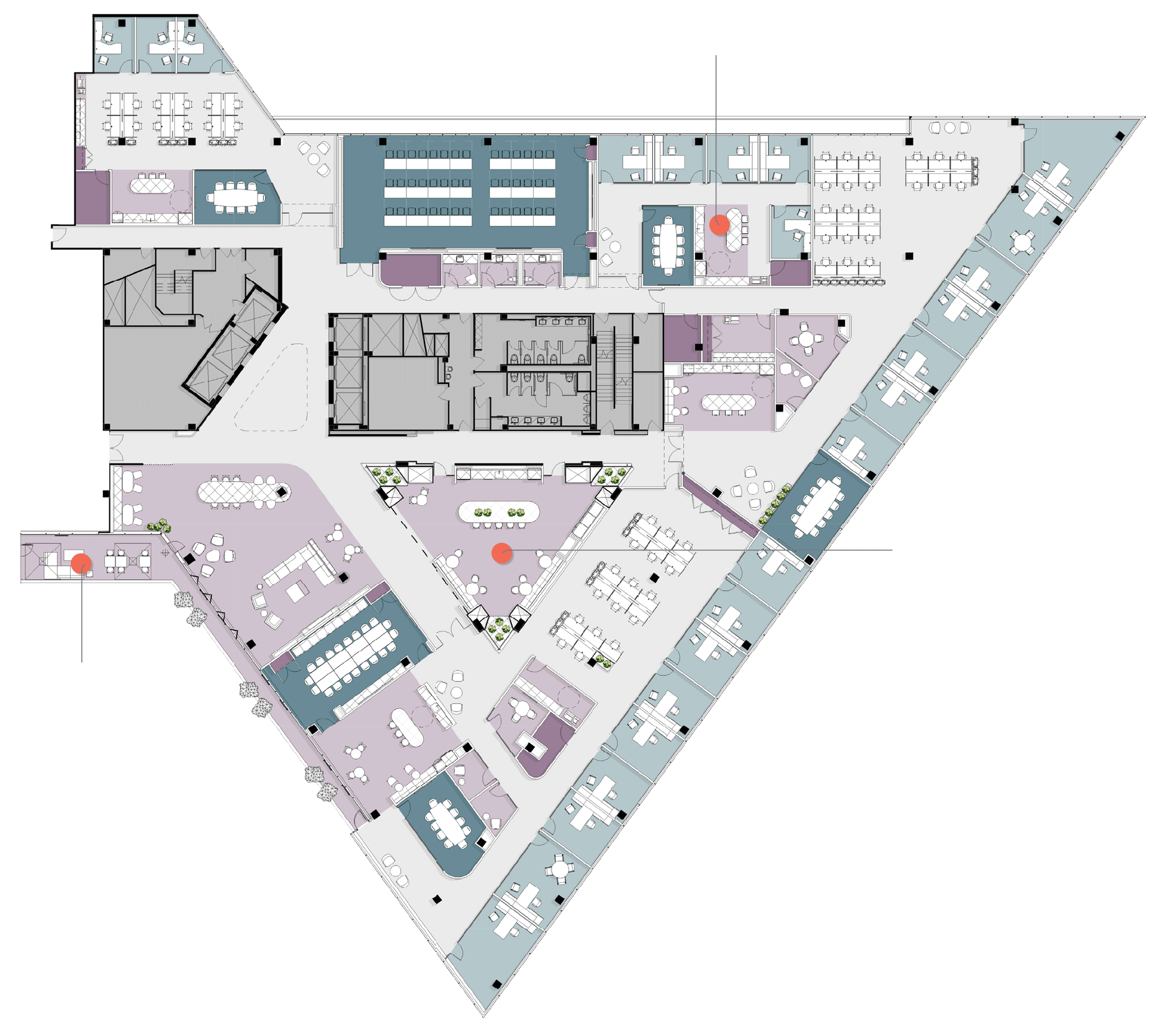A floorplan showing communal areas as part of the town hall shared space concept