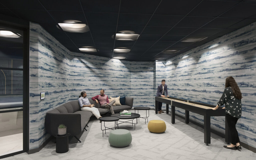 Amenities like shuffle board in a rental office space